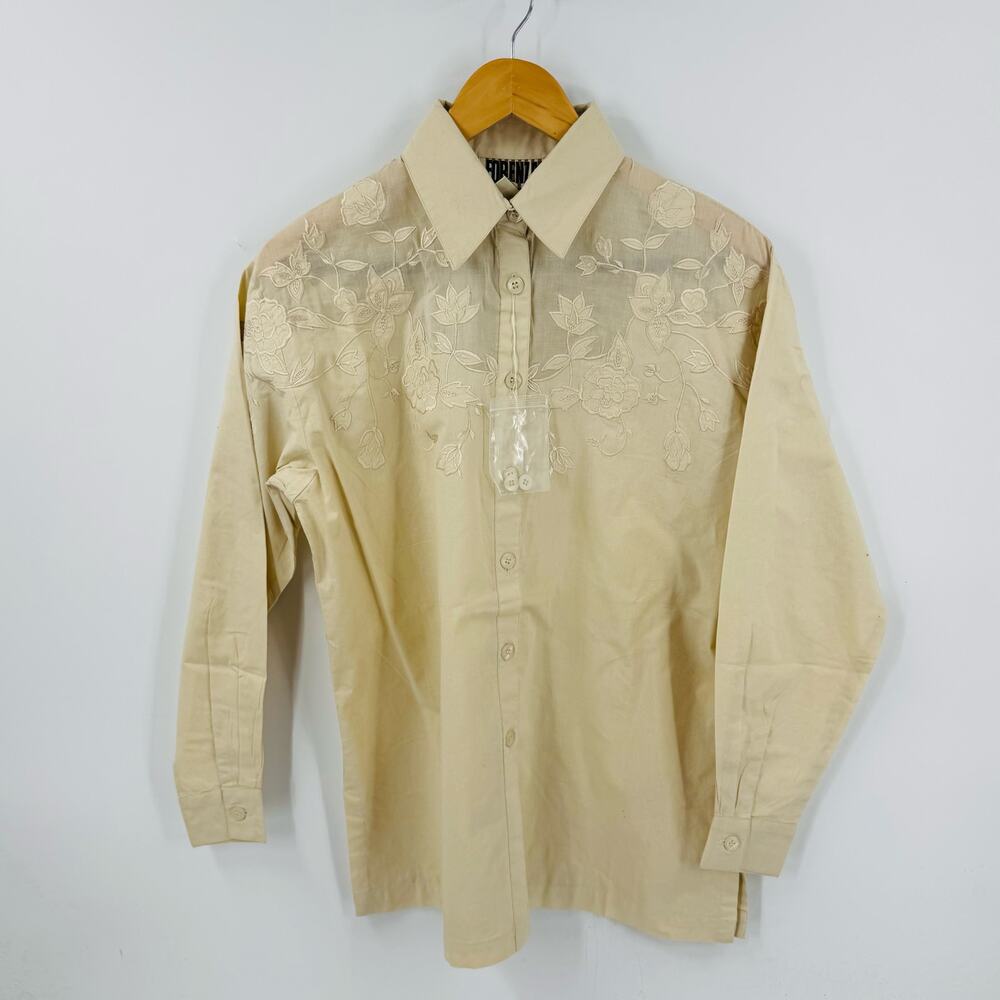 Vintage Forenza Embroidered Floral‎ Button Down Shirt Beige 100% Cotton XS